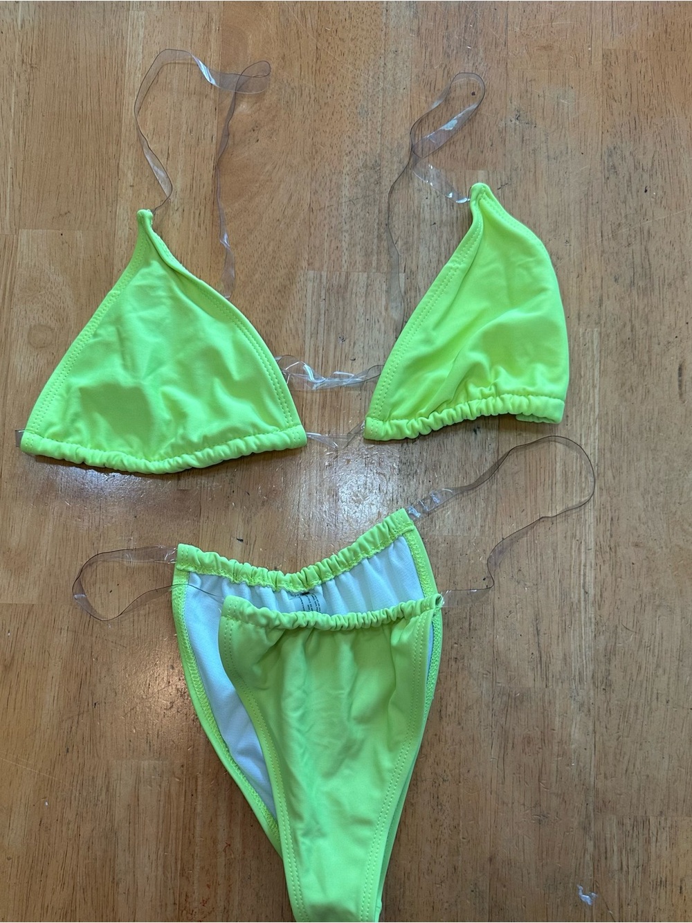 Neon Yellow Womens Triangle Bikini Set with Clear Straps